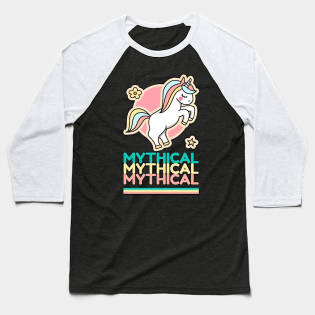 Mythical Repeat Typography & Cute Colorful Unicorn Baseball T-Shirt by Inspire Enclave